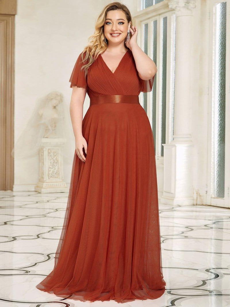 pretty MISTE|Plus Size Floor-Length Bridesmaid Dress with Short Sleeve