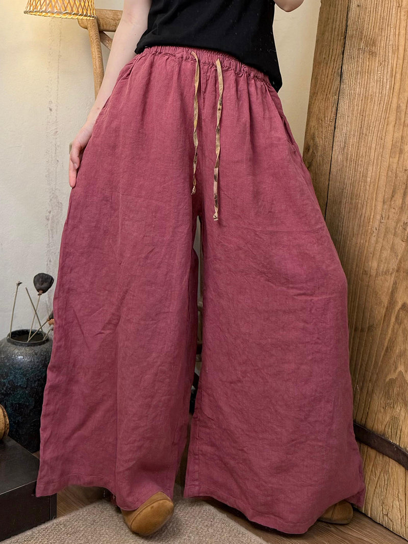 Plus Size Women Summer Casual Pure Color Linen Wide-leg Pants