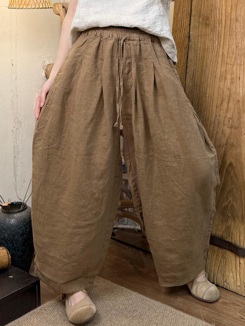Plus Size Women Vintage Spring Pure Color Wide-leg Linen Pants