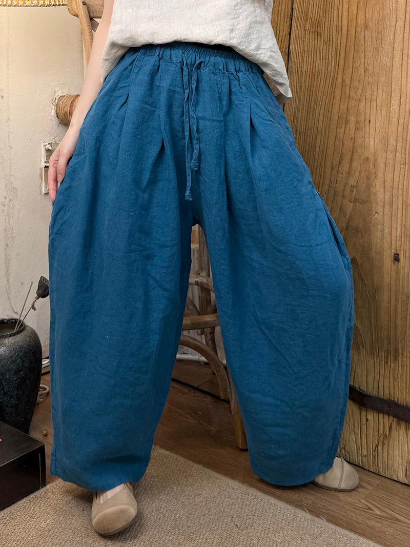 Plus Size Women Vintage Spring Pure Color Wide-leg Linen Pants