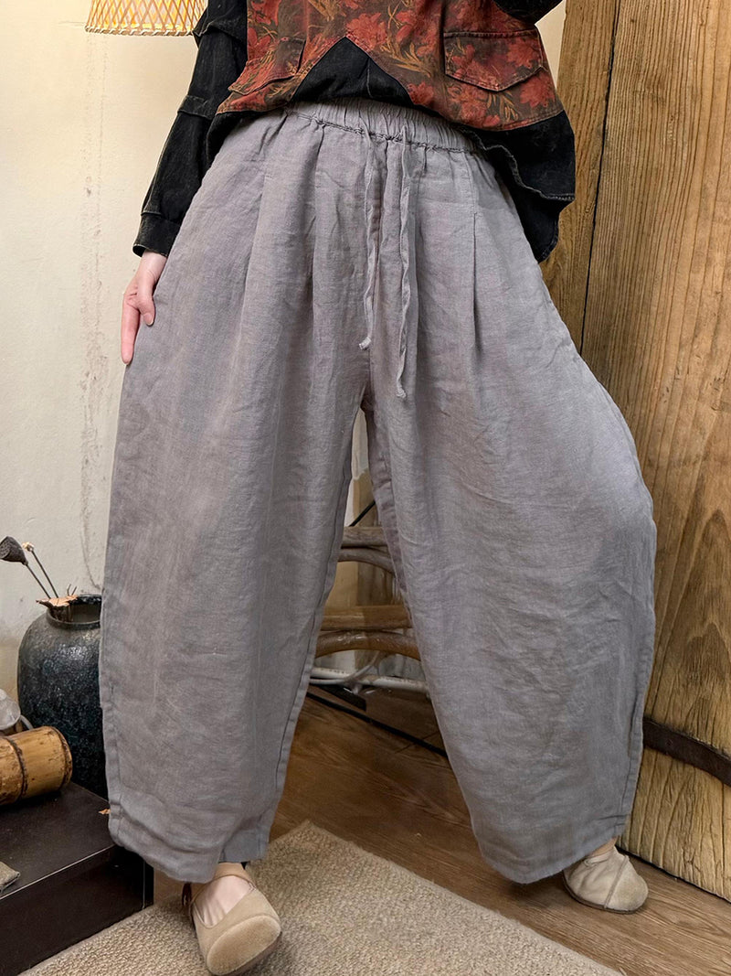 Plus Size Women Vintage Spring Pure Color Wide-leg Linen Pants