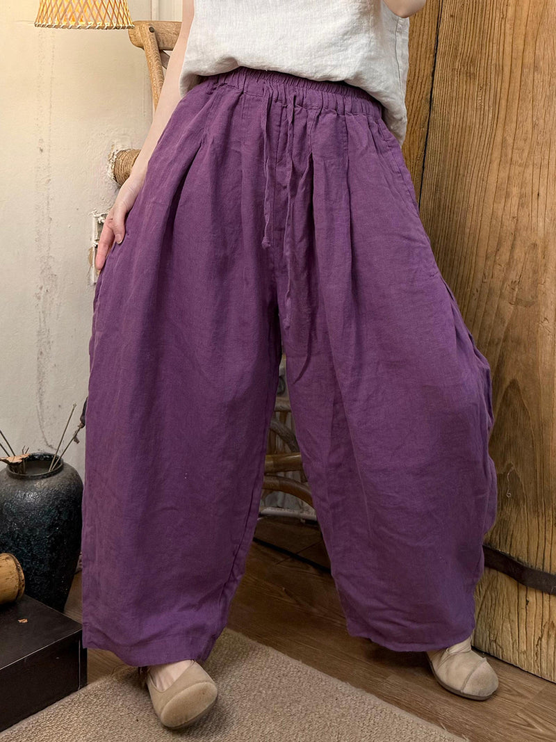 Plus Size Women Vintage Spring Pure Color Wide-leg Linen Pants