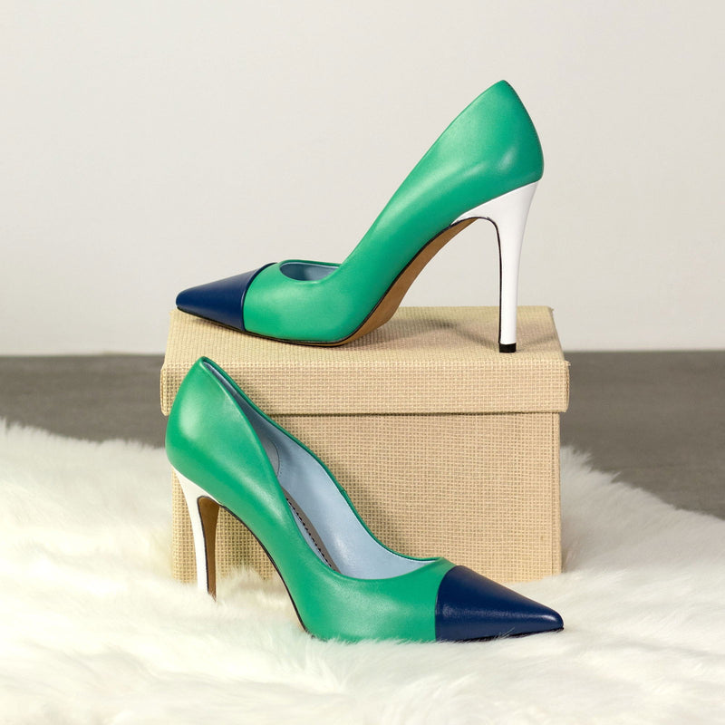 Women's Milan Pointed Toe Leather Heels Wide Plus Size Tourmaline Green Deep Blue 5754