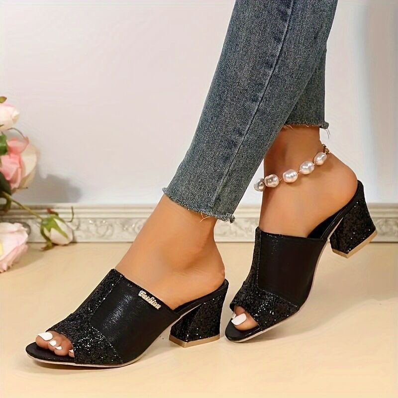 Chunky Heel Sequined Casual Plus Size Sandals