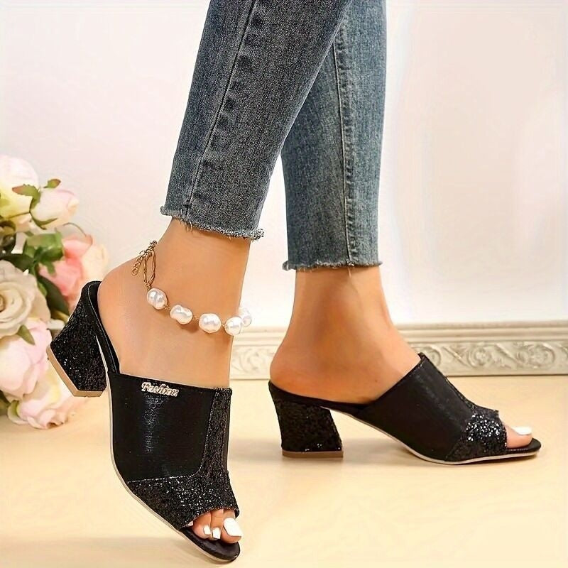 Chunky Heel Sequined Casual Plus Size Sandals