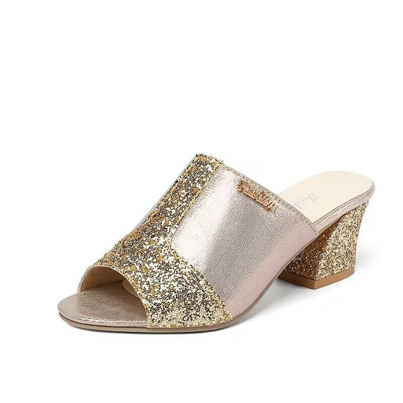 Chunky Heel Sequined Casual Plus Size Sandals