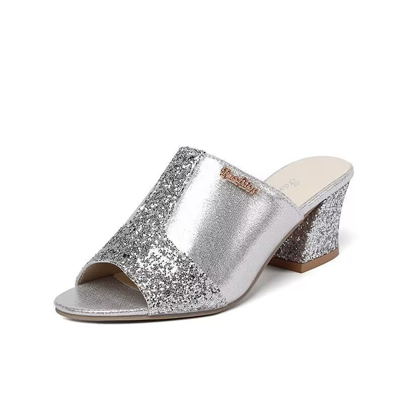 Chunky Heel Sequined Casual Plus Size Sandals