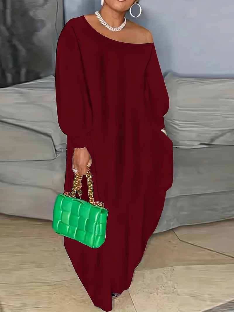 Plus Size Solid Color Slant Shoulder Longline Dress, Elegant Long Sleeve Dress For Spring & Fall, Women's Plus Size Clothing