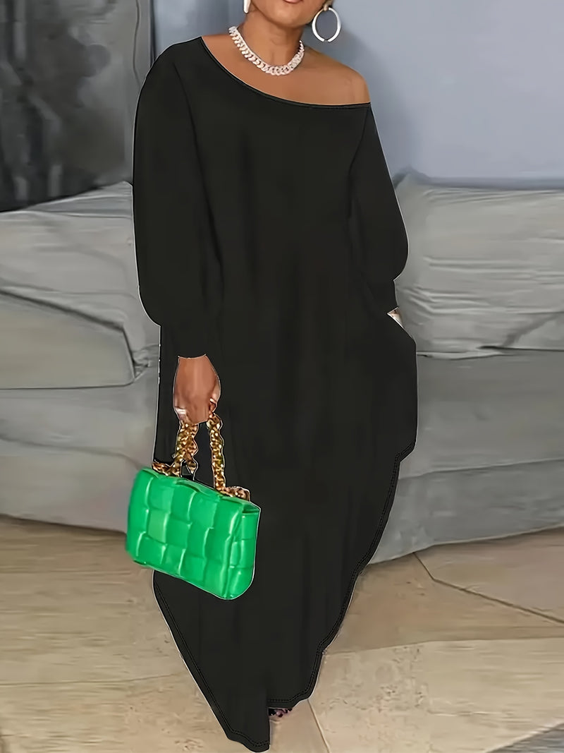 Plus Size Solid Color Slant Shoulder Longline Dress, Elegant Long Sleeve Dress For Spring & Fall, Women's Plus Size Clothing