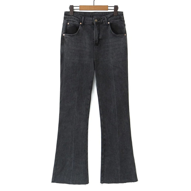 Good Quality Womens Plus Size Jeans Casual Clothing Smoke Gray High-Waisted Stretch Flare Pants Soft Thick Full Length Trousers