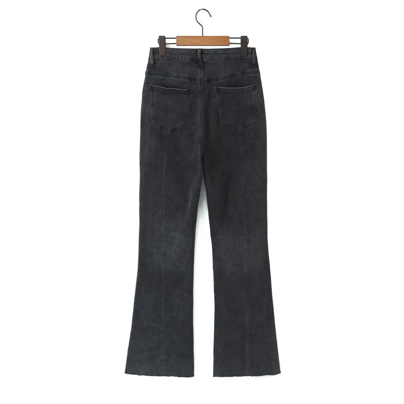 Good Quality Womens Plus Size Jeans Casual Clothing Smoke Gray High-Waisted Stretch Flare Pants Soft Thick Full Length Trousers