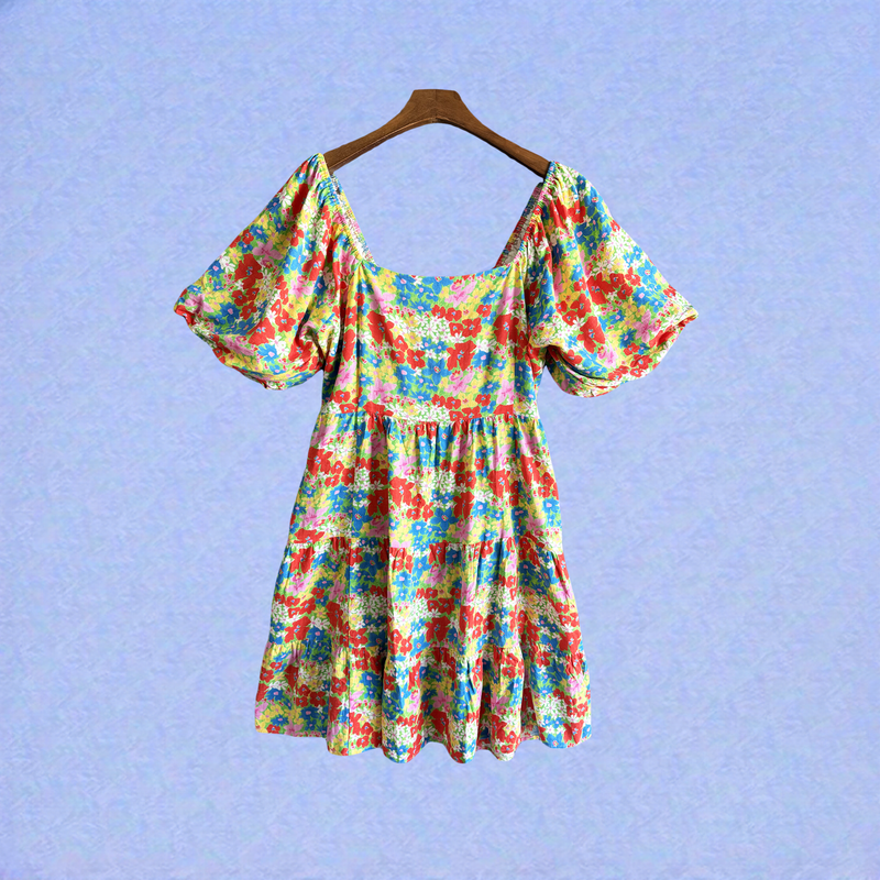 Plus Size Clothing High Quality Affordable Bright Printing  Holiday Sash Puff sleeves Linen Dress
