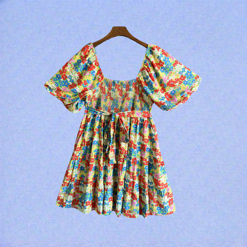 Plus Size Clothing High Quality Affordable Bright Printing  Holiday Sash Puff sleeves Linen Dress