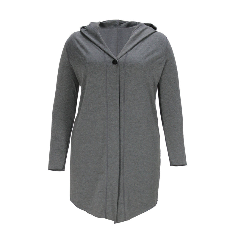 Plus Size Spring Autumn Casual Women Clothing One Button Cardigan V Neck Hooded Mid Length Top