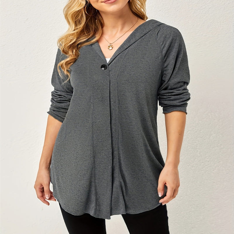 Plus Size Spring Autumn Casual Women Clothing One Button Cardigan V Neck Hooded Mid Length Top