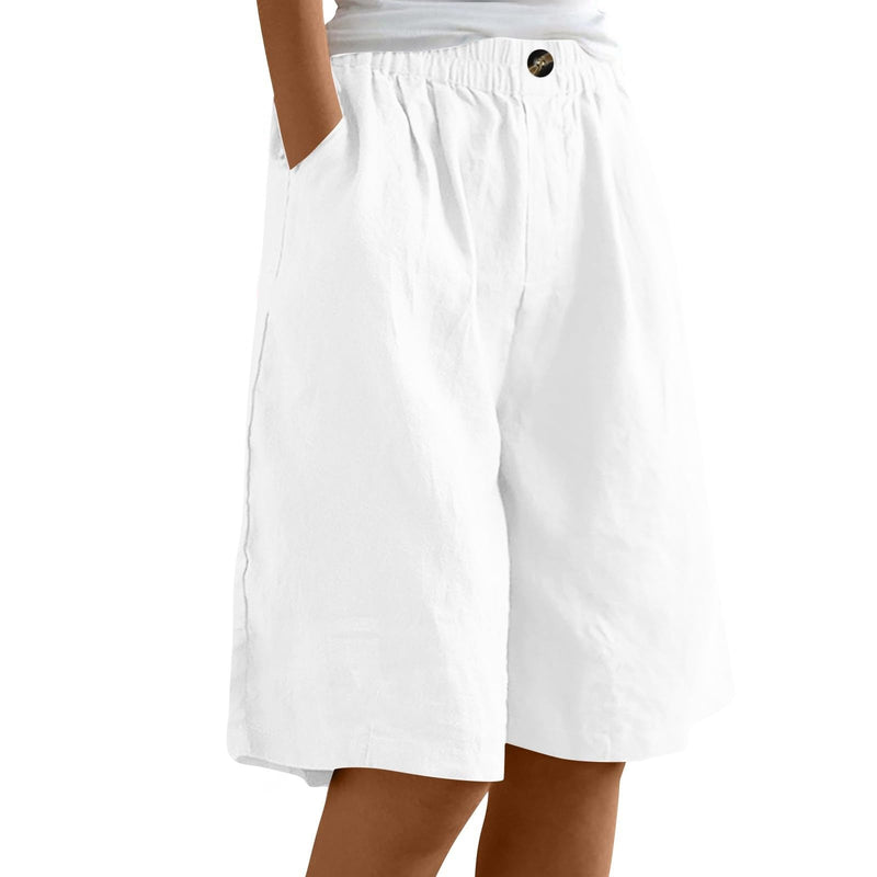 Plus Size Shorts for Women Summer Lounge Bermuda Knee Length Cotton Linen Short Sweatpants Wide Leg High Waisted Loose fit Baggy Elastic Cargo Shorts Ladies Comfy Clothing Trousers(White,X-Large)