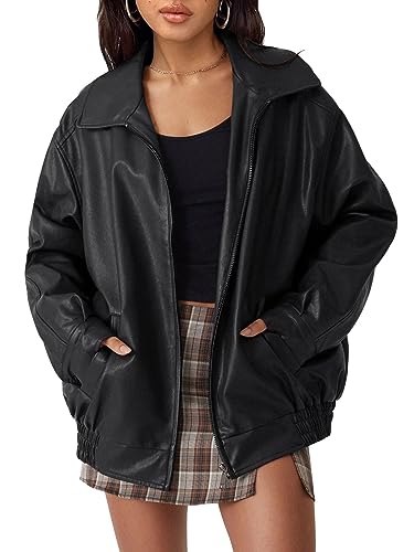AUTOMET Women's Oversized Jackets, Leather Faux Motorcycle Plus Size Zip Up Sweatshirts 2023 Winter Coats Clothes Dups