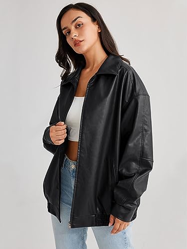 AUTOMET Women's Oversized Jackets, Leather Faux Motorcycle Plus Size Zip Up Sweatshirts 2023 Winter Coats Clothes Dups