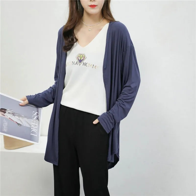 Modal Cardigan Long sleeves Plus size Summer Spring Loose Air-conditioned Top Open-front sun-proof clothing