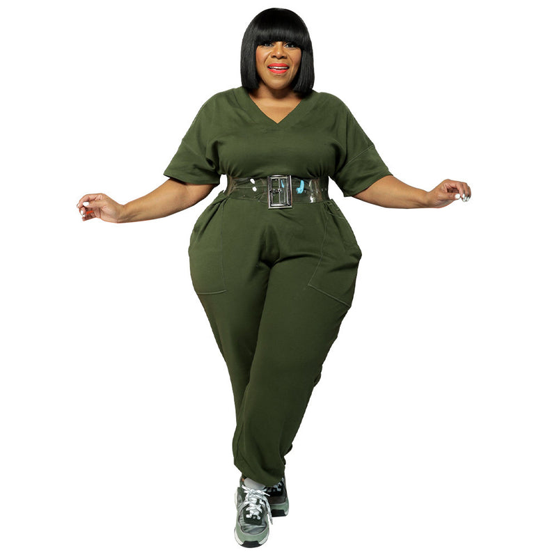 Plus Size Women Clothes Sports Pants  Casual Sweatpants V neck Jumpsuit
