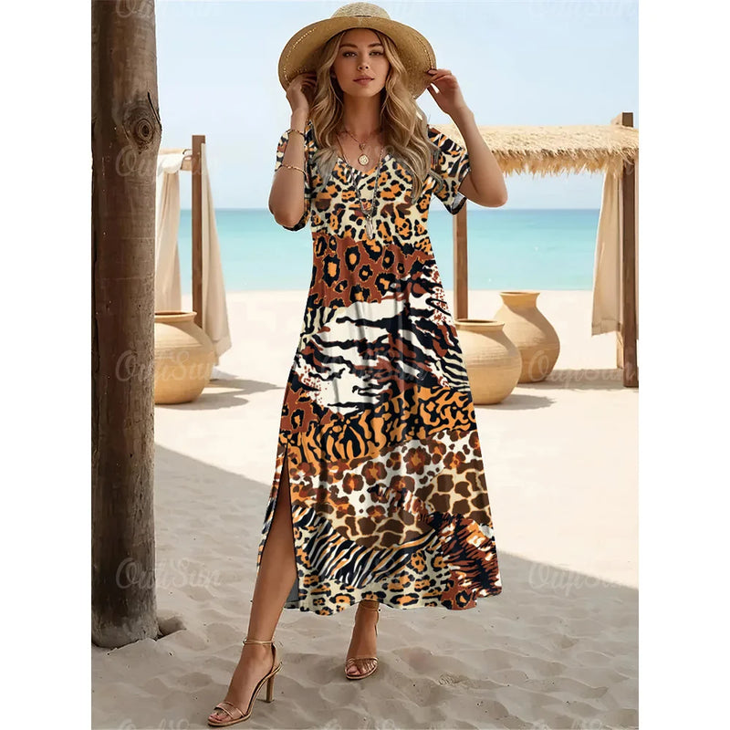 2024 Summer Designer Leopard Print Dresses For Women's Holiday Dresses Plus Size Female Long Dresses Women's Clothing Fashion
