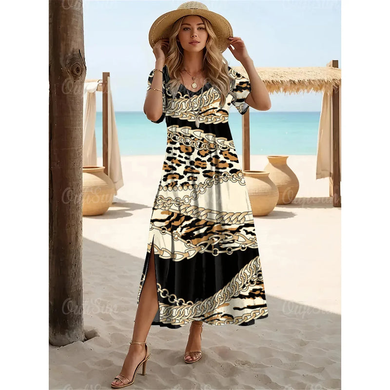 2024 Summer Designer Leopard Print Dresses For Women's Holiday Dresses Plus Size Female Long Dresses Women's Clothing Fashion