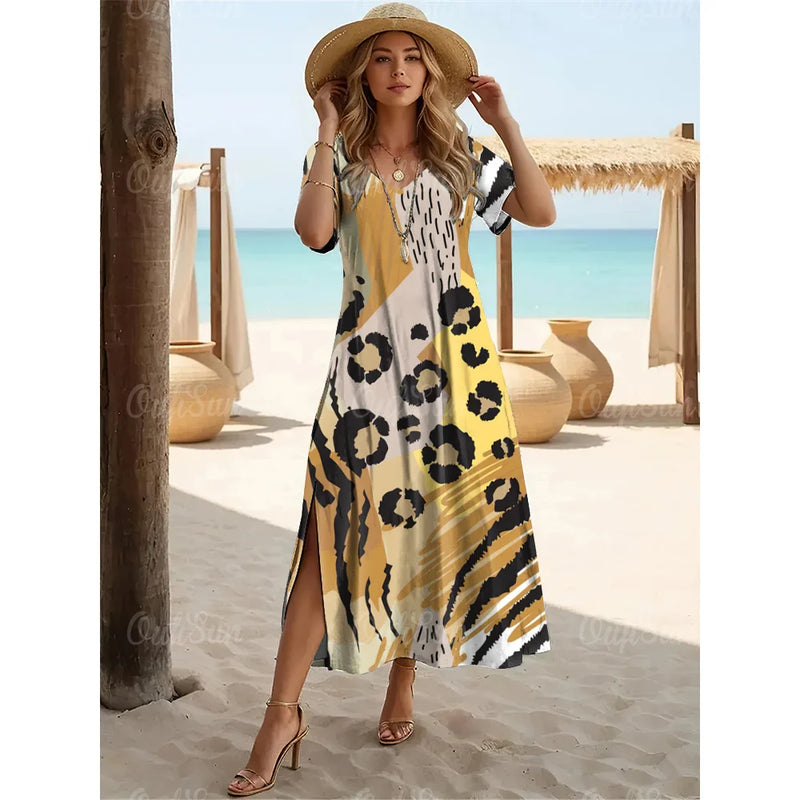 2024 Summer Designer Leopard Print Dresses For Women's Holiday Dresses Plus Size Female Long Dresses Women's Clothing Fashion