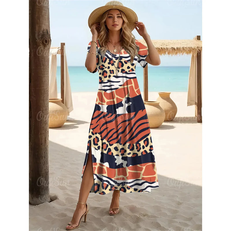 2024 Summer Designer Leopard Print Dresses For Women's Holiday Dresses Plus Size Female Long Dresses Women's Clothing Fashion