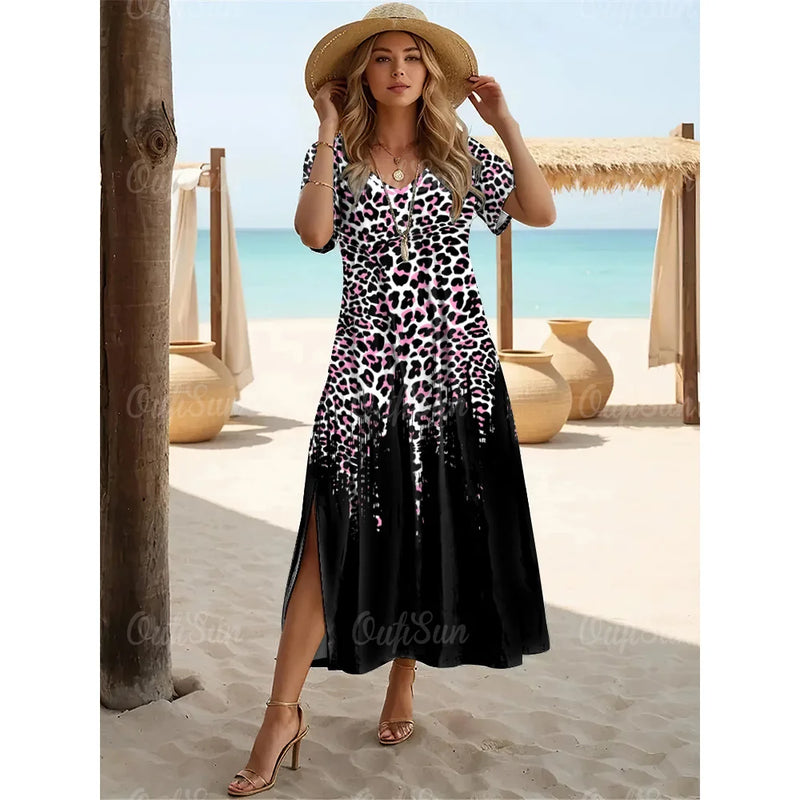 2024 Summer Designer Leopard Print Dresses For Women's Holiday Dresses Plus Size Female Long Dresses Women's Clothing Fashion