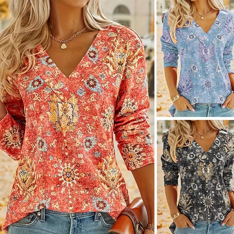 Plus Size 1XL-5XL Boho Top Women's Plus Floral Print Long Sleeve T-Shirt Casual V Neck Slight Stretch Top Clothing