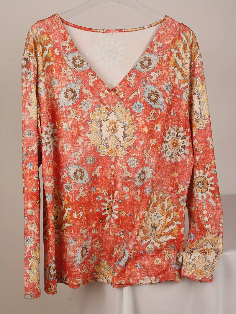 Plus Size 1XL-5XL Boho Top Women's Plus Floral Print Long Sleeve T-Shirt Casual V Neck Slight Stretch Top Clothing