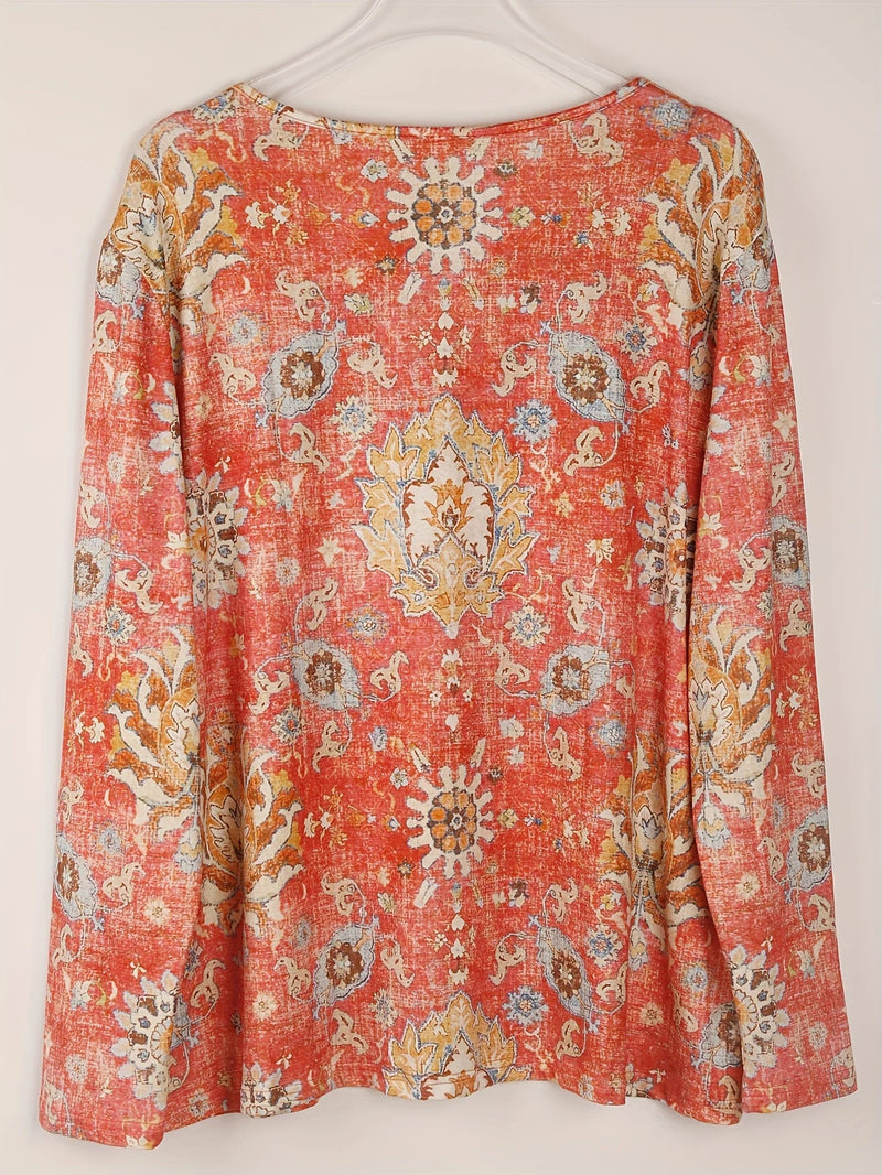 Plus Size 1XL-5XL Boho Top Women's Plus Floral Print Long Sleeve T-Shirt Casual V Neck Slight Stretch Top Clothing