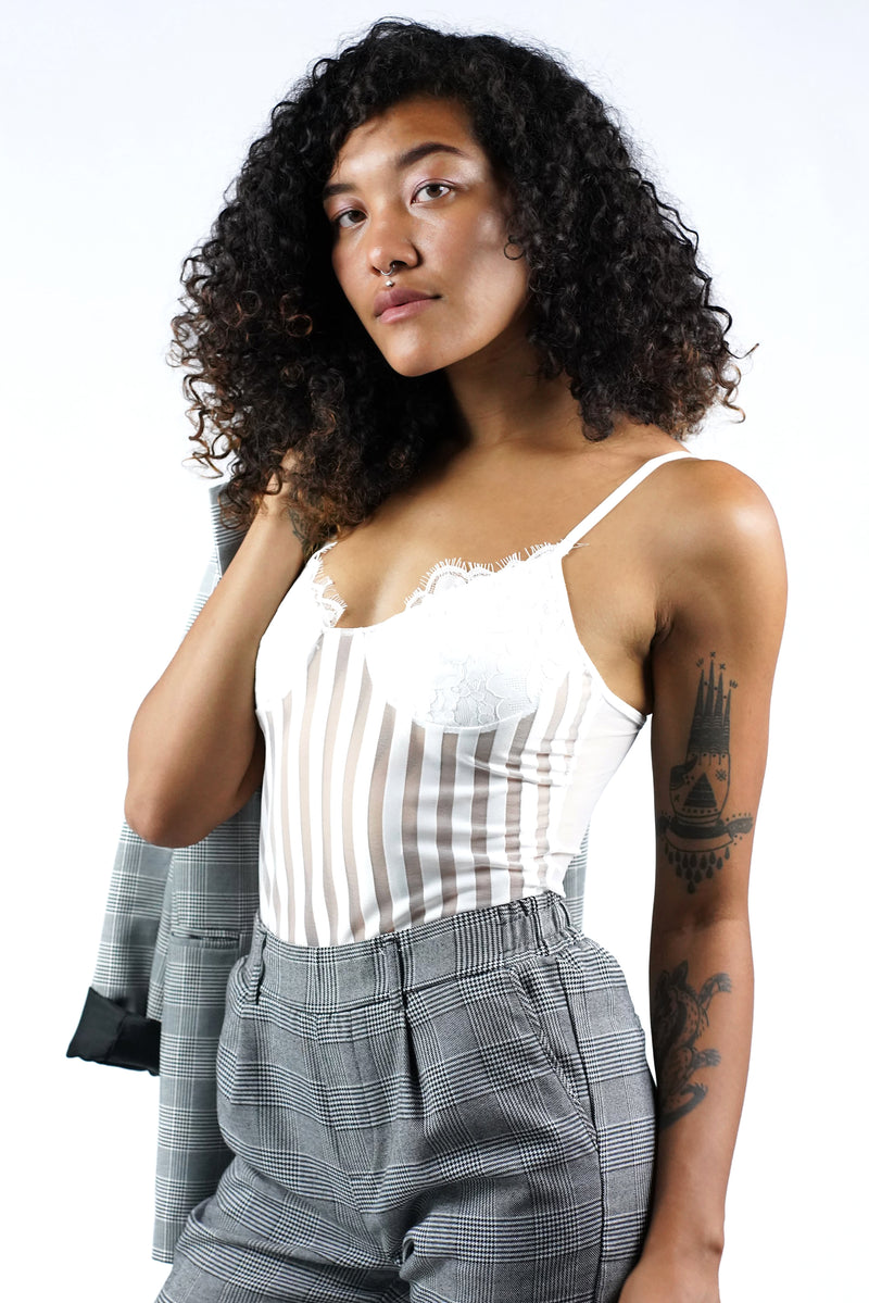 Eyelash lace sheer striped mesh teddy bodysuit