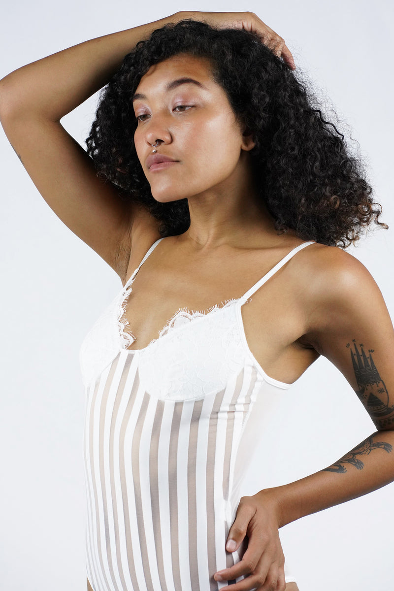 Eyelash lace sheer striped mesh teddy bodysuit