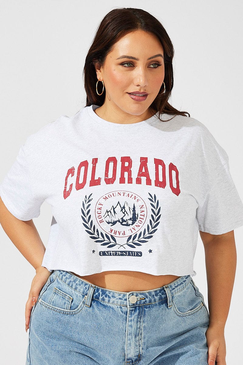 Grey Graphic T-shirt Short Sleeve Crew Neck Crop