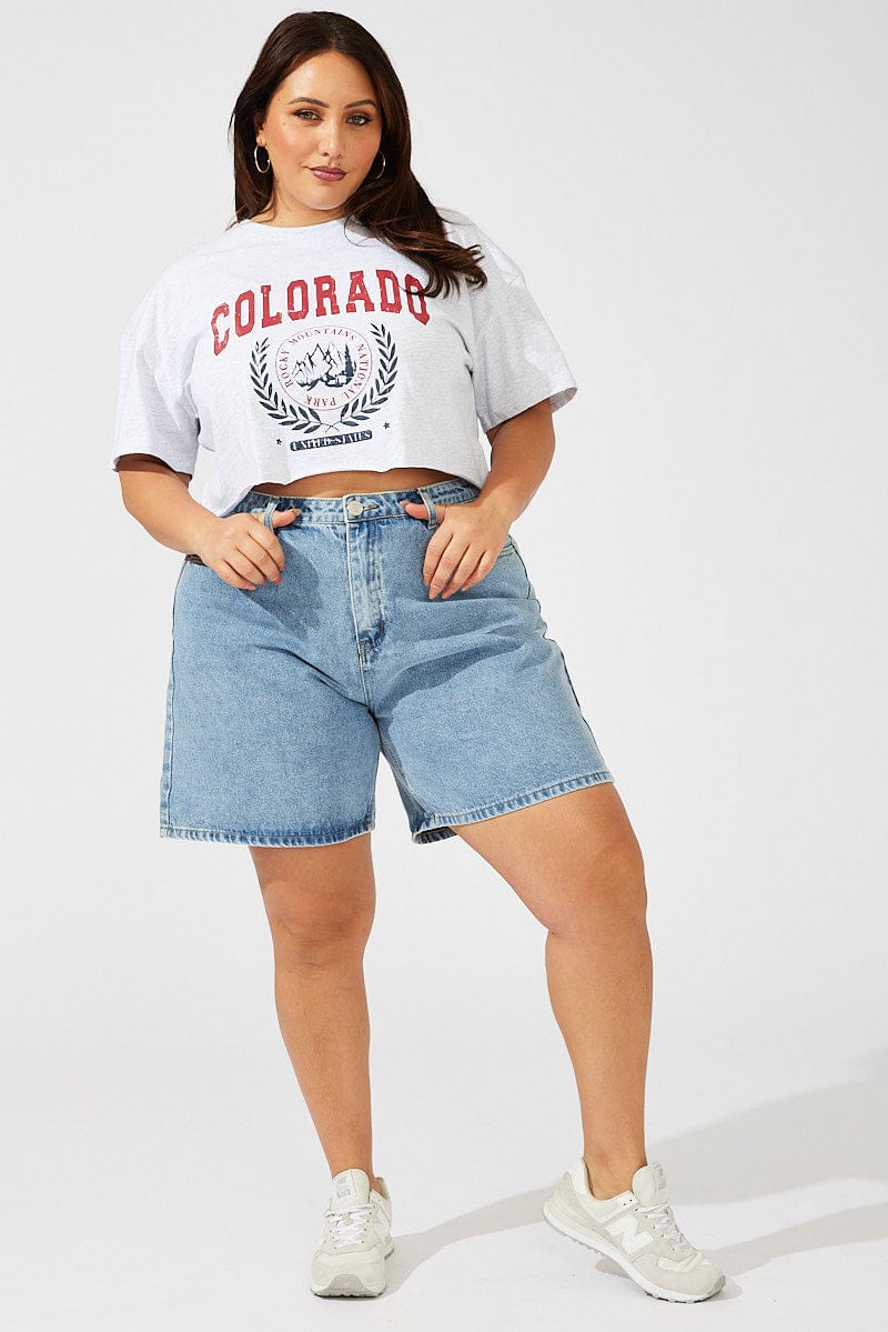 Grey Graphic T-shirt Short Sleeve Crew Neck Crop