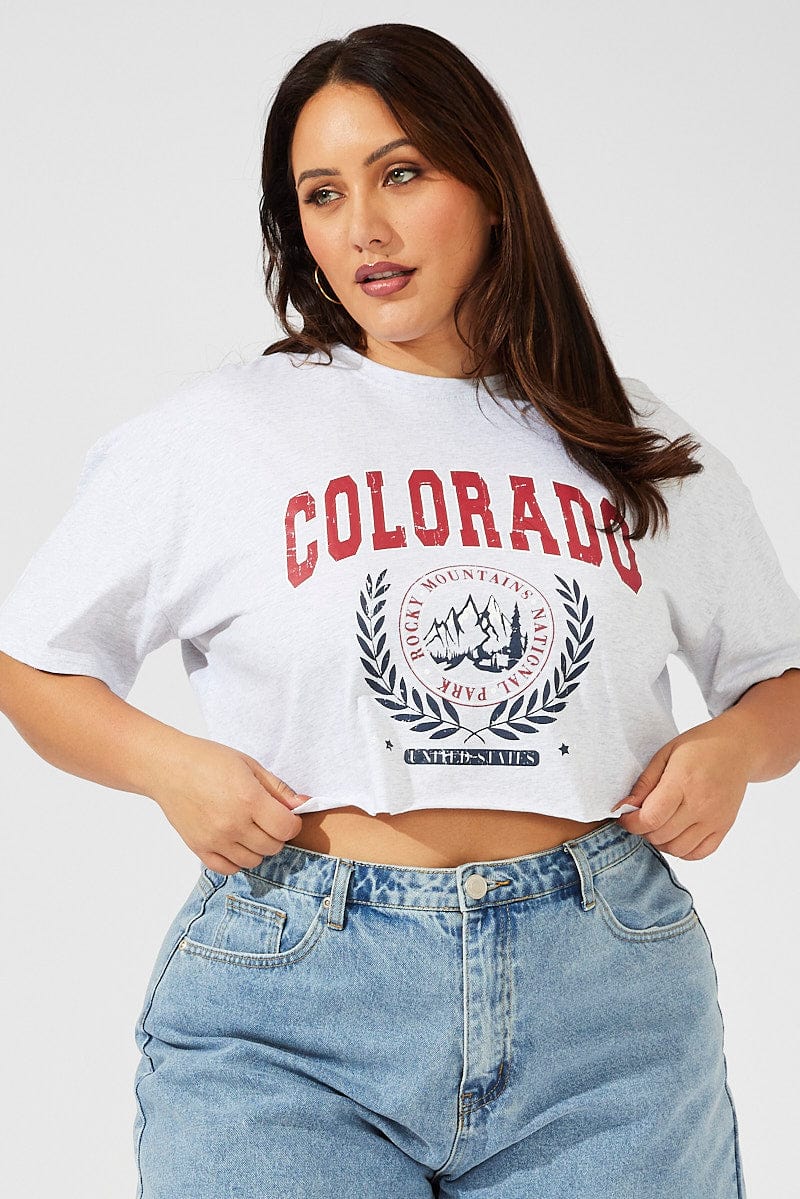 Grey Graphic T-shirt Short Sleeve Crew Neck Crop