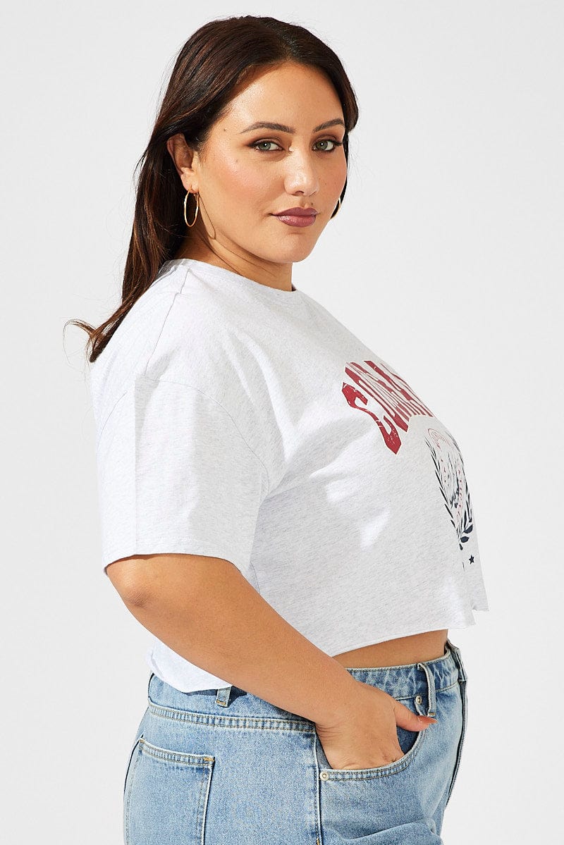Grey Graphic T-shirt Short Sleeve Crew Neck Crop