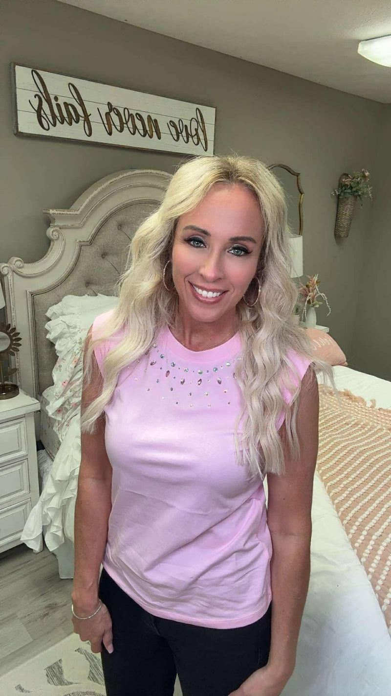 White Birch Sleeveless Embellished Neckline Top