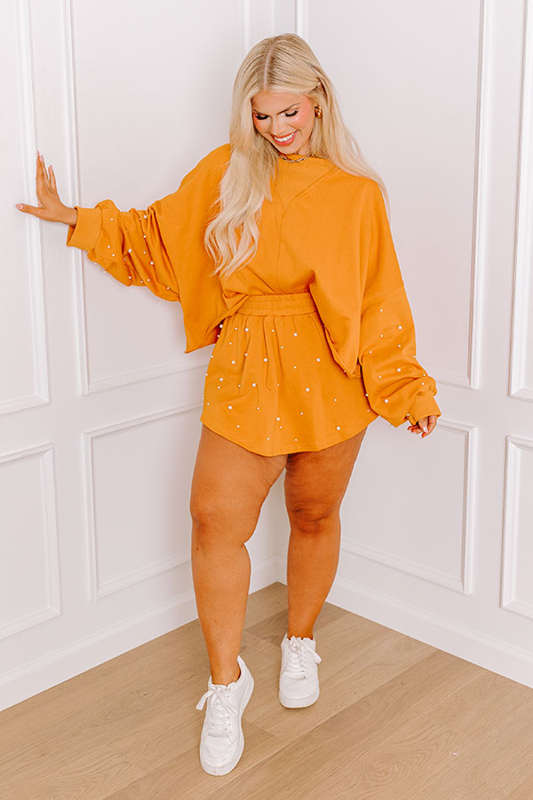 Sideline Chic Pearl Embellished Crop Sweatshirt in Rust Curves