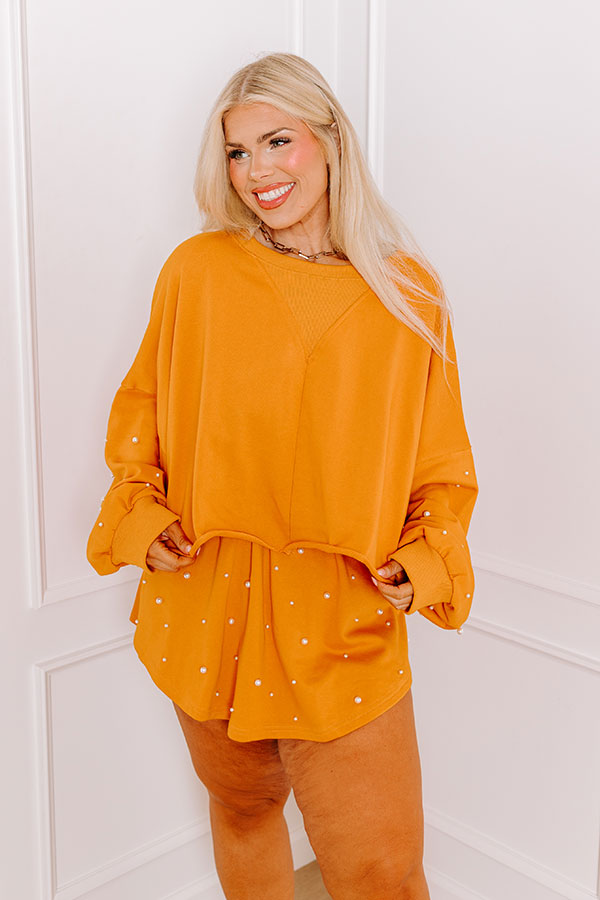 Sideline Chic Pearl Embellished Crop Sweatshirt in Rust Curves