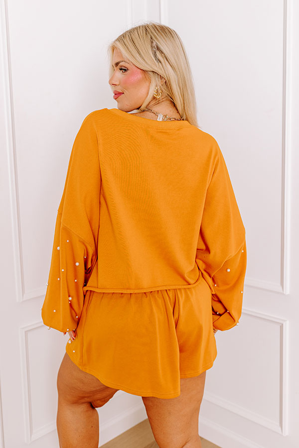Sideline Chic Pearl Embellished Crop Sweatshirt in Rust Curves
