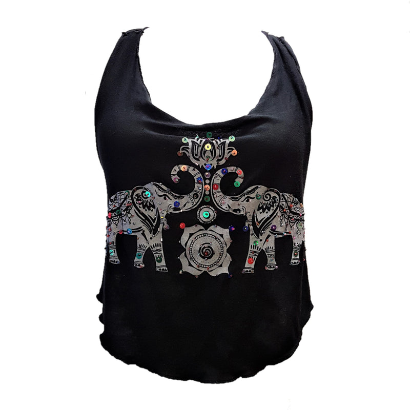 Embellished Elephant-Print Cropped Halter-Neck Top