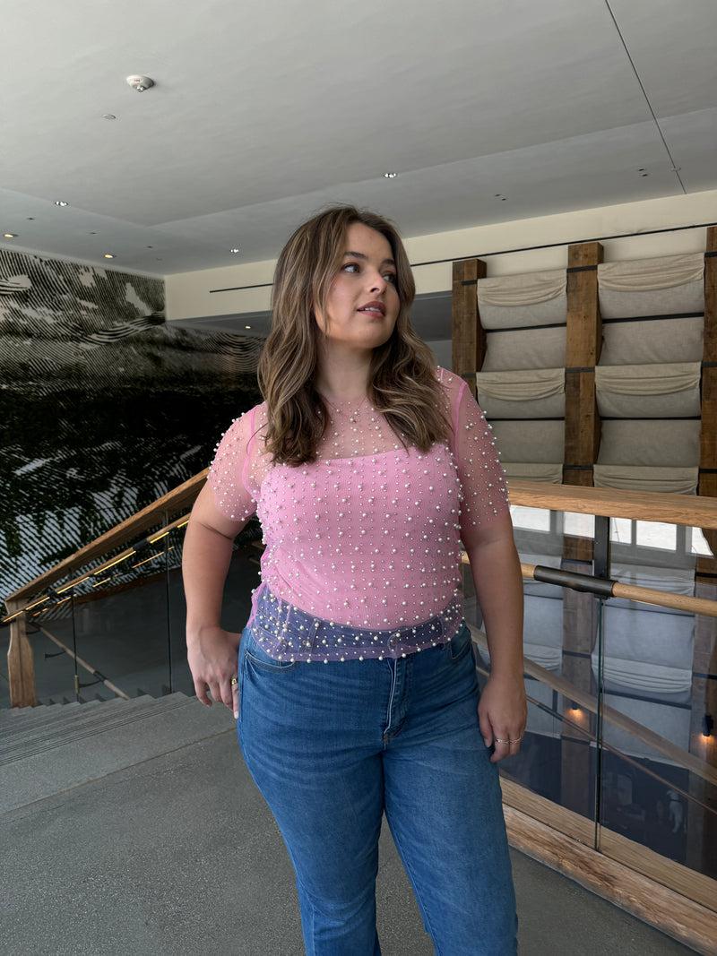 Plus Size Pearl Embellished Mesh Top