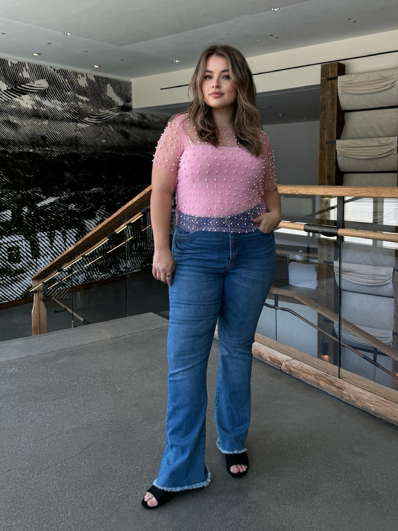 Plus Size Pearl Embellished Mesh Top