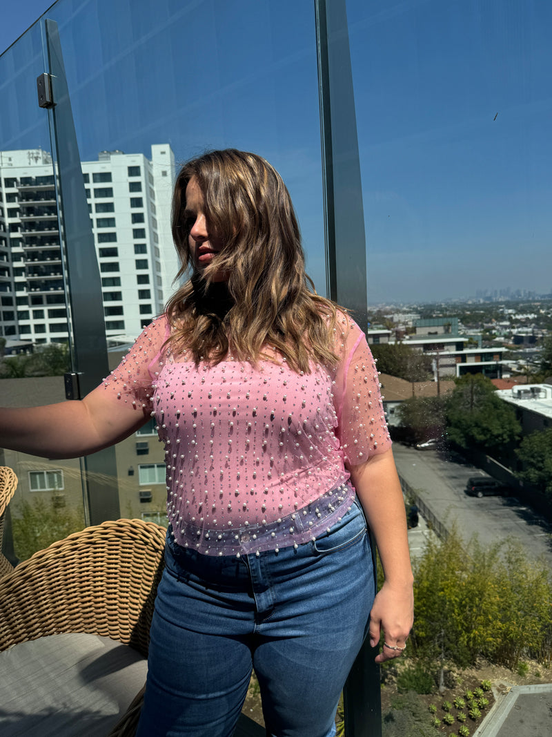 Plus Size Pearl Embellished Mesh Top