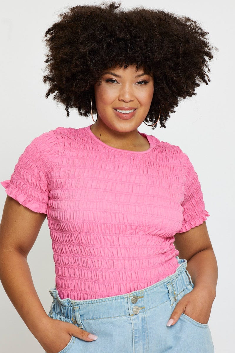H Pink Smocked T-shirt Crew Neck Short Sleeve