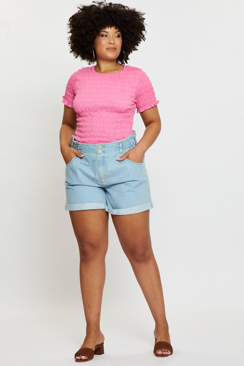 H Pink Smocked T-shirt Crew Neck Short Sleeve
