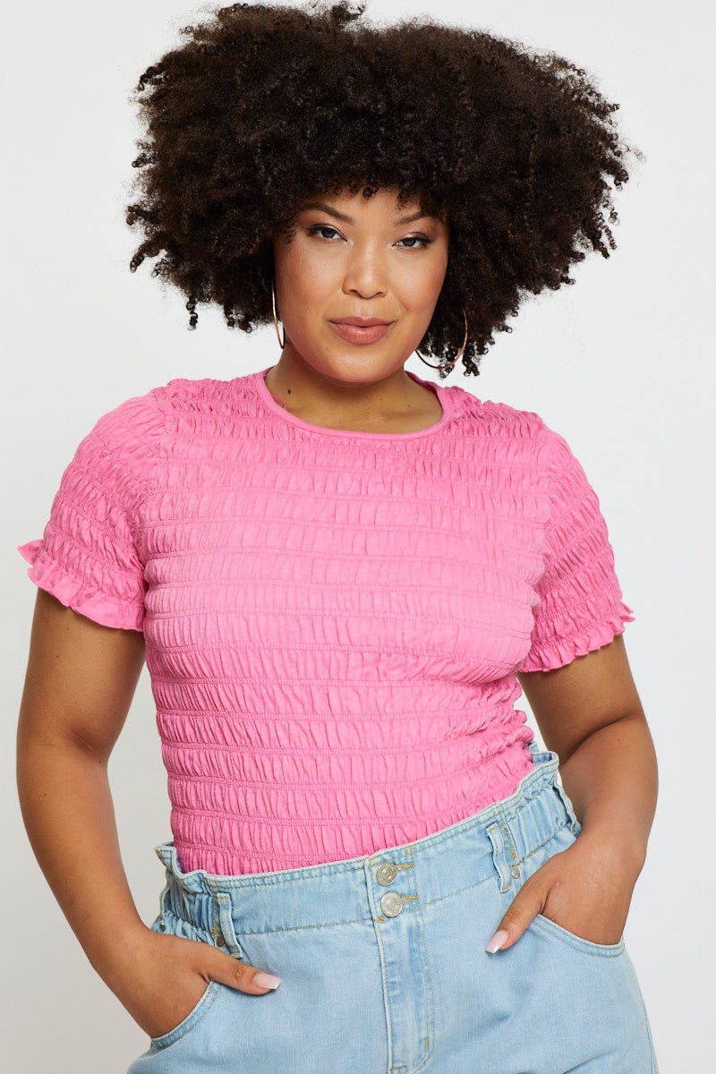 H Pink Smocked T-shirt Crew Neck Short Sleeve