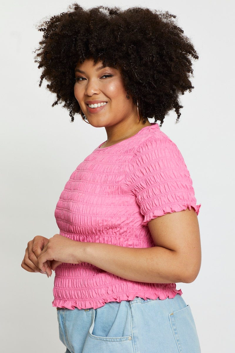 H Pink Smocked T-shirt Crew Neck Short Sleeve